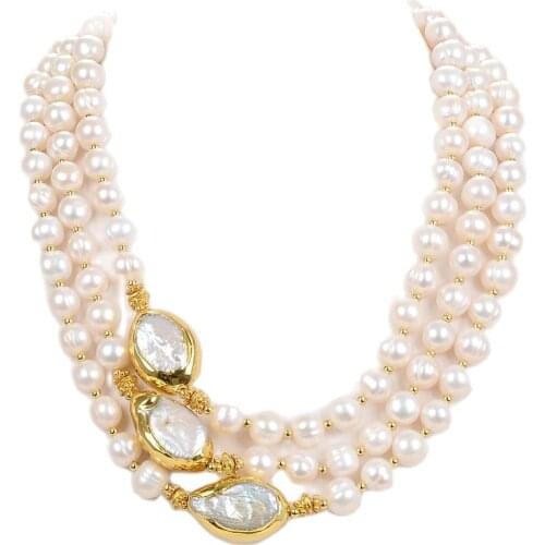 GG Jewelry 3 Strands 18''-21'' White Pearl Golden Plated Keshi Pearl Necklace