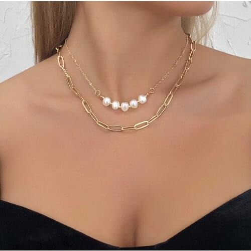 Sexy Fashion Simulated Pearl Double Necklaces Gold Necklace For Women Alloy Chian Annulus Collares Para Mujer Pendants Jewelry