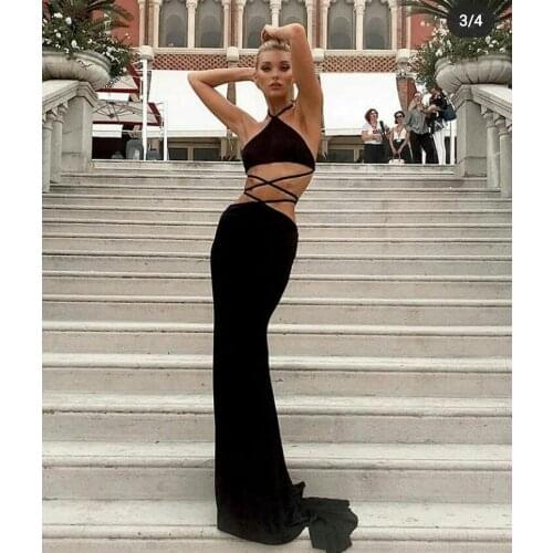 Sexy Long Mermaid Black Evening Dresses Floor Length Criss Cross Back Halter Satin Formal Party Dress for Women