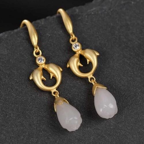 Really S925 Silver Dolphin Earrings White Jadeite Flower Dangle Earrings