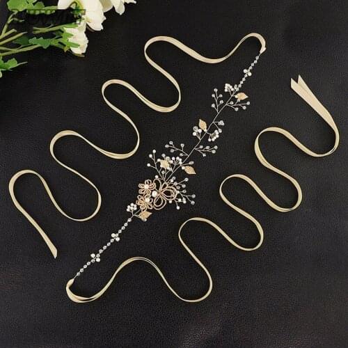 Bridal Wedding Fashion Belt Headband Beaded Wedding Accessories Golden Flowers And Pearl Belt For Women Dress Thin Belt Party