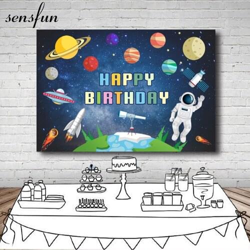 Sensfun Universe Adventure Birthday Backdrop Spaceship Astronaut Boy Birthday Photography Background Outer Space Planet Banner