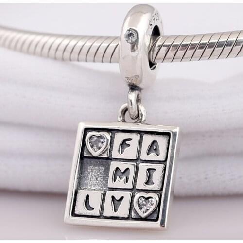 Original Square Shape Family With Heart Crystal Pendant Beads Fit 925 Sterling Silver Bead Charm Bracelet DIY Jewelry