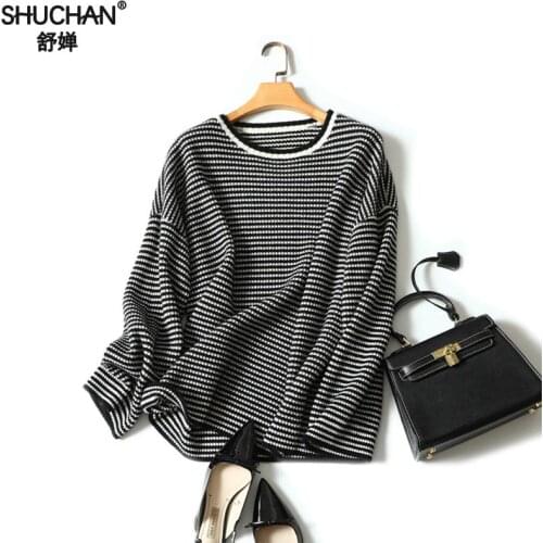 Shuchan 100% Cashmere Black Sweaters Women Pullover Long Sleeve Striped Loose Female Plus Size Sweater Jumpers Knitted loose