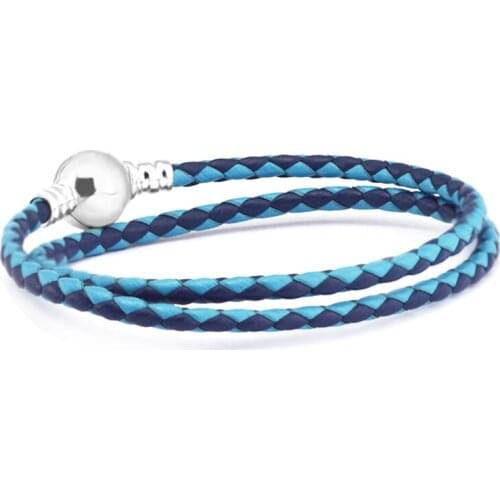 Mixed Blue Woven Leather Charms Bracelets 100% 925 Sterling Silver Jewelry Free Shipping