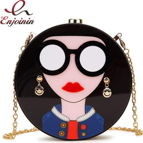 Fashion design cartoon sexy woman acrylic round shape party clutch bag evening bag female chain purse shoulder bag handbag flap