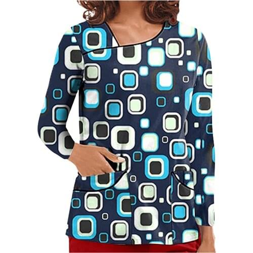 Scrubs Uniform For Women V-Neck Tops Nurse Uniform Tees Print Long Sleeve Pockets Blouse Nurse Accessories медицинская одежда W5