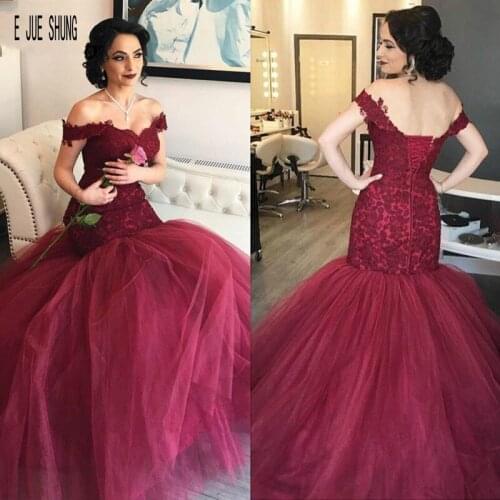 E JUE SHUNG Burgundy Mermaid Wedding Dresses Off Shoulder Lace Tulle Backless Vintage Dubai Long Bridal Gown Vestios De Novia
