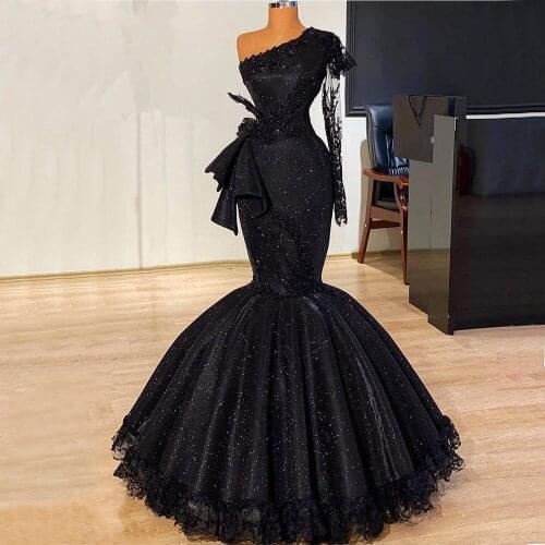 2021 Black Saudi Arabic Sequined Prom Dresses Designer One Shoulder Long Sleeve Evening Gowns Lace Robe De Soiree Arabic Couture