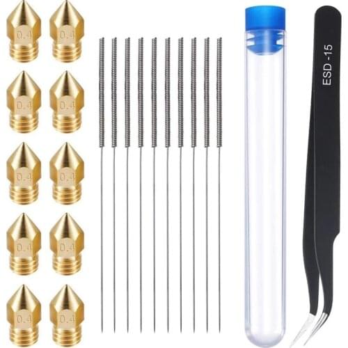 Aokin 10PCS 0.4 mm MK8 Nozzles & 10PCS 0.4 mm Needles &1PCS Tweezer Stainless Steel Nozzle Cleaning Tool Kit For 3D Printer