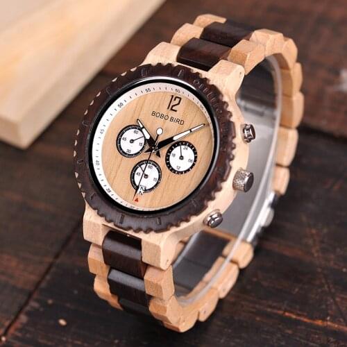BOBO BIRD Watch Men Wrist Wooden Chronograph Watches For Man Luxury Design Bright Wood Quartz Wristwatches Male Timepieces C-R08