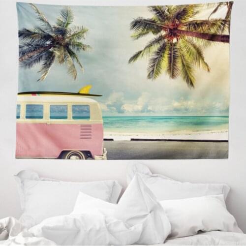Retro Microfiber Large Wall Tapestry Minibus Sea And Surf Patterned Fabric Decorative Wall hanging 230cm x 140cm