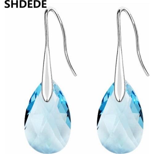 SHDEDE Fashion Jewelry Pear Shape Drop Dangle Earrings Blue Crystal from Swarovski Long Pendant Water Women Gift -45