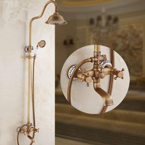 Bathroom antique copper dual handle shower faucet set wall mounted, Brass rainfall bath/shower faucet mixer solid water tap