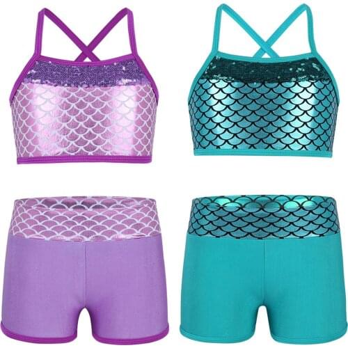 Little Girls Gymnastics Leotard Outfits 2Pcs Ballet Dancewear Mermaid Printed Sport Bra Tops with Short Sets for Kids Pool Party