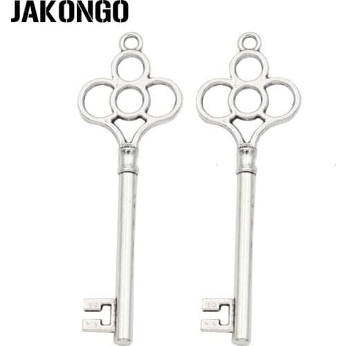 JAKONGO Antique Silver Plated Flower Key Charms Pendant for Jewelry Making Bracelet Accessories DIY Handmade 54x18mm 6PCS/lot