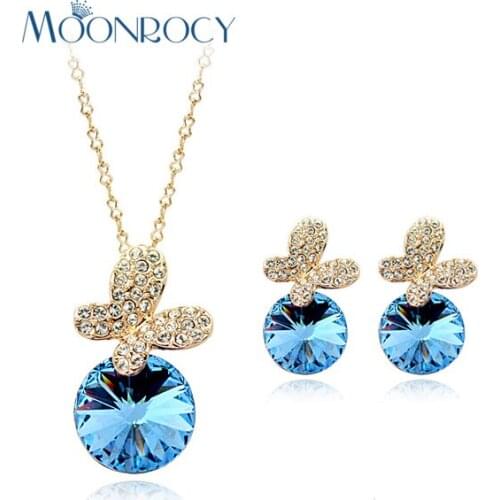 MOONROCY Free Shipping fashion crystal necklace and earrings set Rose Gold Color Jewelry Set wholesale fashion Gift