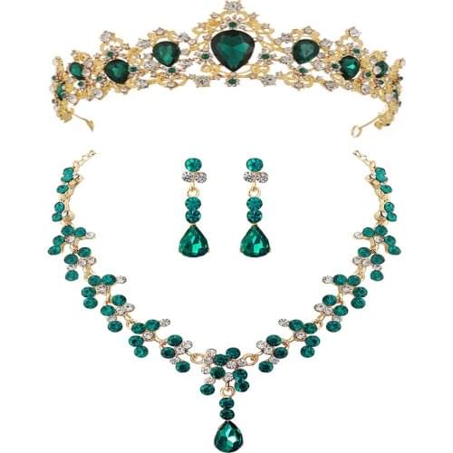 Baroque Vintage Gold Red Green Blue Crystal Bridal Jewelry Sets Choker Necklaces Earrings Tiaras Sets African Beads Jewelry Sets