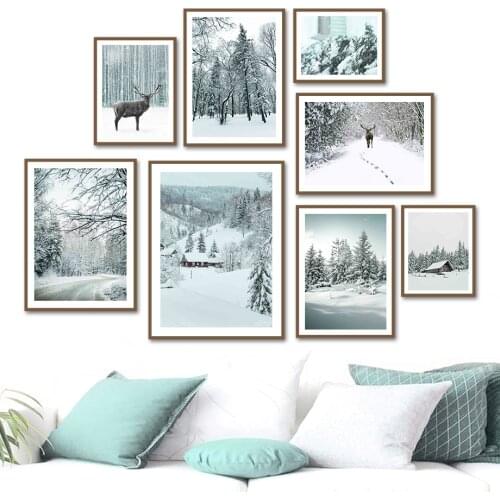 Snow Mountain House Forest Deer Landscape Wall Art Canvas Painting Nordic Posters And Prints Wall Pictures For Living Room Decor