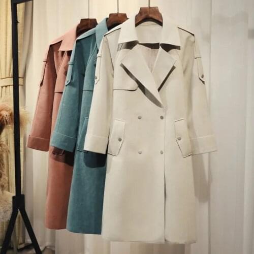 2021 New Autumn Trench Coat Women Office Lady Suede Windbreaker Female Full Sleeve Overcoat Elegant Long Coats Loose Outerwear