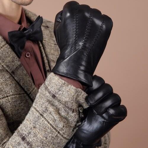 Genuine Leather Gloves For Mens Autumn Brand Black Touch Screen Sheepskin Gloves Fashion Slim Wrist Driving Gloves Mittens BM016