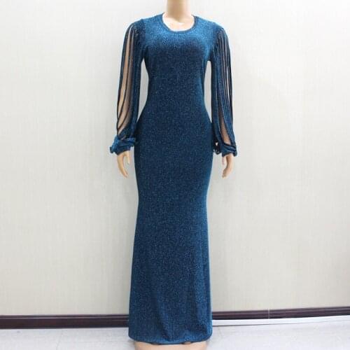 Sexy Glitter African Dresses for Women Autumn Winter Sequin Maxi Dress Tassel Long Lantern Sleeve Party Dress