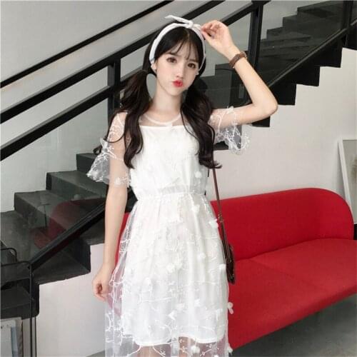 Dress for Women French Lace Mesh Round Neck White Short-sleeved Dress Women Summer New Style Korean Mid-length Skirt