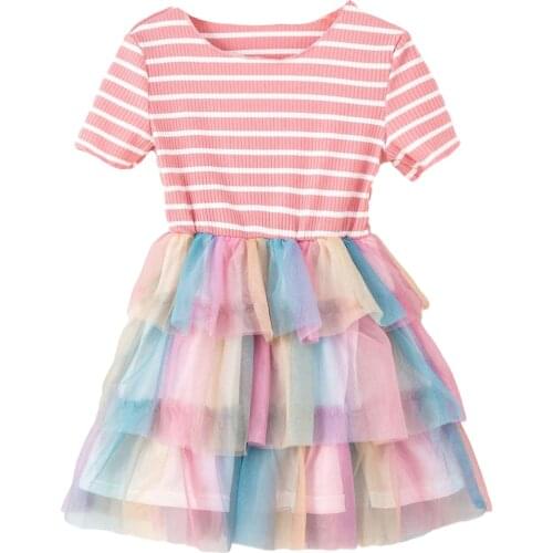 Girl’s Casual Short Sleeve Dress Fashion Stripe Mesh Yarn Stitching Pleated A-line Short Dress