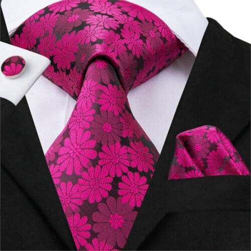 Hi-Tie Red Floral Necktie For Men Luxury Style Neck Wear Silk Jacquard Woven Gravata Ties Hanky Cufflinks Set For Wedding Party