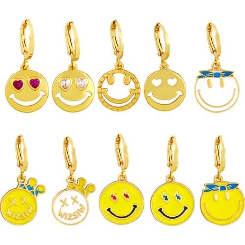 QMHJE Small Hoop Earrings for Women Enamel Gold Color Smile Lightning Cubic Zirconia Yellow White Crown Face Mood Heart Eye Ear