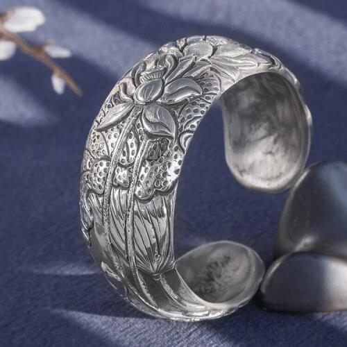 Solid 999 Sterling Silver Handmade lotus flower mom women gift bangle bracelet cuff A5251