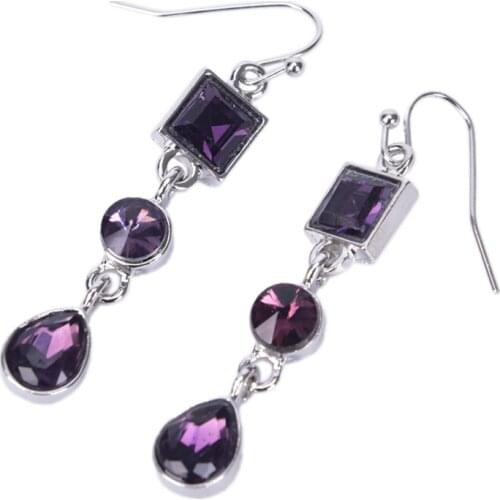 Boho Purple Sliver Plated Crystal Dangle Drop Earrings Jewelry for Women