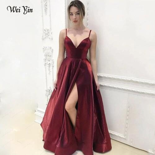 Weiyin AE0612 Burgundy Sexy Deep V Neck Long Stain A-line Evening Dresses Open Back Women Formal Prom Dress