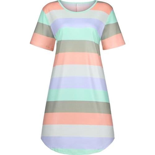 Womans Rainbow Stripe Print Nightdress, Round Neck Short Sleeve Casual Loose Pajamas