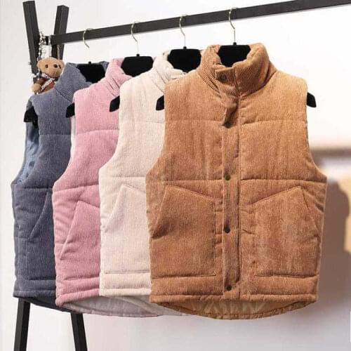 Womens Corduroy Waistcoat Autumn Winter Stand Collar Loose Cotton Vest Coat Women Pockets Vintage Warm Short Vest Jacket C7756