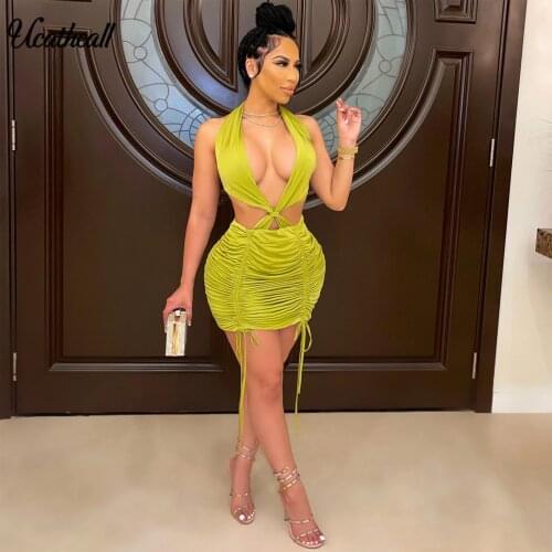 Sexy Deep V Neck Mini Dresses For Women 2021 Summer Sleeveless Ruched Bodycon Dress Halter Drawstring Party Dress Short