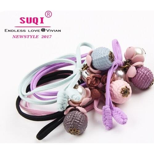 Endless Love Women Vintage Elegant Pearl Colorful Flowers Ribbon Acrylic Rubber Girls Hair Decoration Rings Ponytail ornaments