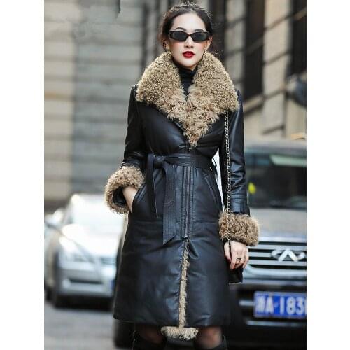 Winter Coat Women Leather Jacket Real Lamb Fur Collar Sheepskin Coat Female Long Down Jacket Warm Parka Veste Femme My