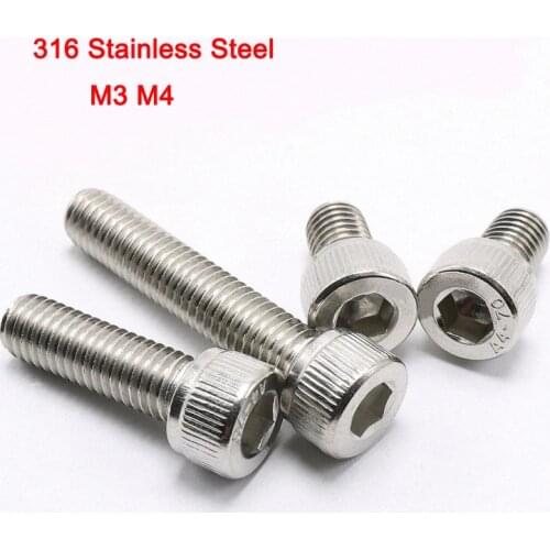 10Pcs A4 316 Stainless Steel DIN912 Allen Bolts Hex Socket Head Cap Screw Marine Grade M3 M4 Length 6\8\10\12\14\16\20-50mm