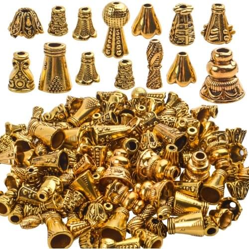 100 Gram(About 110-150pcs)Antique Gold Cone Bead Caps Flower End Caps Tassel Handmade Ornament for DIY Needlework Jewelry Making