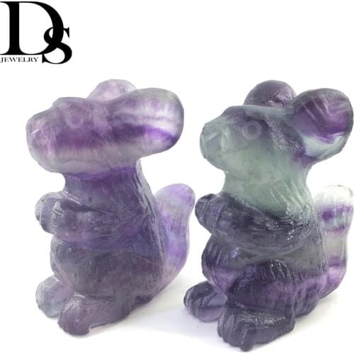 2" Natural Rainbow Fluorite Squirrel Crystal Figurine Carved Quartz Statue Healing Reiki Meditation Party Gifts Home Decoration