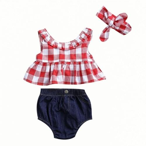New Toddler Kids Baby Girls Summer Plaid Outfits Clothes T-shirt Tops+Denim Shoers 3PCS Set