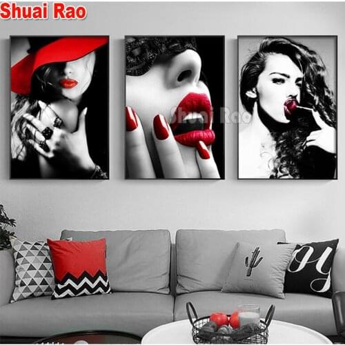 5D diy Diamond Painting Full Square Round Modern Fashion Girl Red Lips Nail Sexy Women Wall Art Diamond Art Embroidery icon