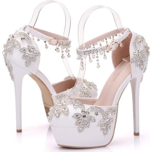 Crystal Queen Summer Sandals White Round Toe Bridal Wedding Women Shoes Crystal High Heel Dress Shoes Rhinestone Ankle Straps