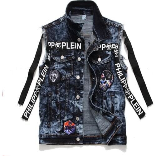 Personality Youth Spring and Autumn Denim Vest Motorcycle Jean Waistcoat Mens Punk Badge Embroidery Stretch Sleeveless Jackets