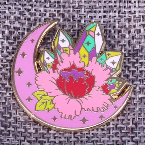 Crystal quartz enamel pin moon magic flower brooch