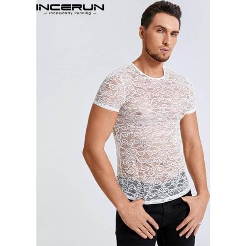 INCERUN 2021 New Tops American Style Handsome Sexy Mens Solid Comfortable Net Yarn Flower Printing Short-sleeved T-shirt S-5XL