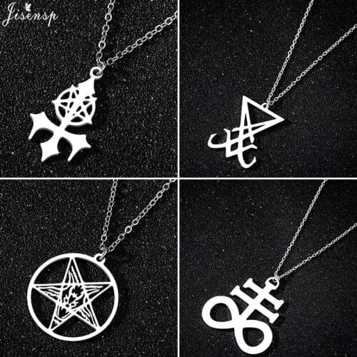 Jisensp 2020 Pentagram Satan Fork Stainless Steel Chain Necklace Gothic Satan Cross Emblem Charm Necklace for Women Men Gift