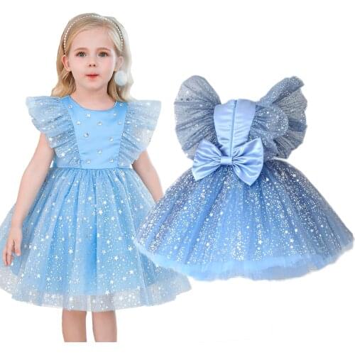 Baby Girl Cute Bow Dress 1 2 3 4 5 Years Toddler Bling Stars Princess Party Flower Girls Wedding Gown Kids Clothes Formal Wear