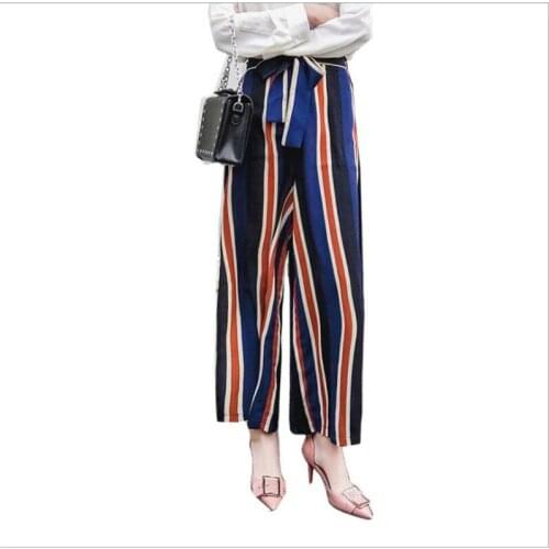Fashion Panelled Striped Women Casual Wide Leg Pants 2018 Summer Spring Women High Waist Drawstring Ankle-Length Pants Top Q290